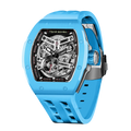 TSAR BOMBA Atomic TB8218C automatic skeleton tonneau men watch; ceramic bezel and stainless steel case and fluororubber strap; Features a ceramic bezel and an interchangeable fluoro-rubber strap. Utilizes TSAR BOMBA’s patented technology for interchangeable straps, bezels, and crowns. Quickly swap modules without tools—since your watch can change its style, why buy another one? Left three-quarter view-- sky blue