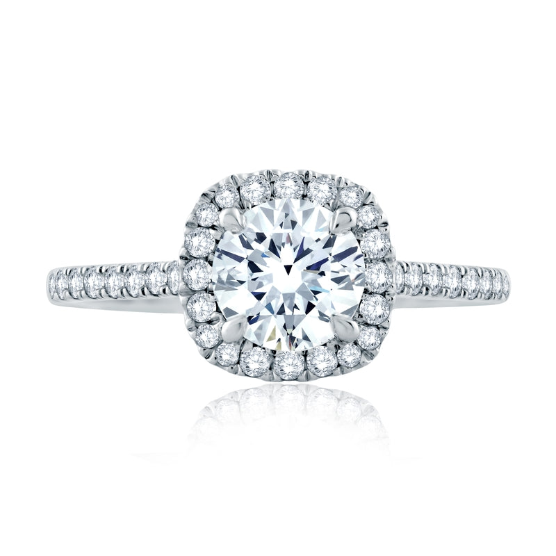 A. Jaffe Intricate Milgrain Accent Gallery Detail Round Center with Cushion Shaped Halo Engagement Ring