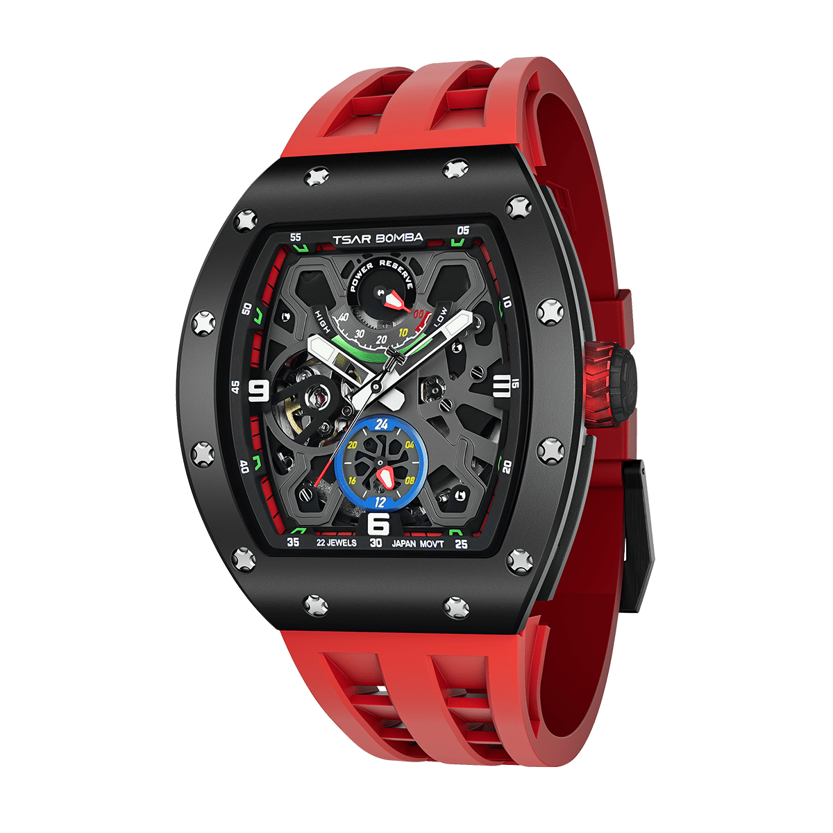 tsarbomba watches TB8212C black ceramic bezel and black cceramic case and red strap;miyota automatic movement--45°side view