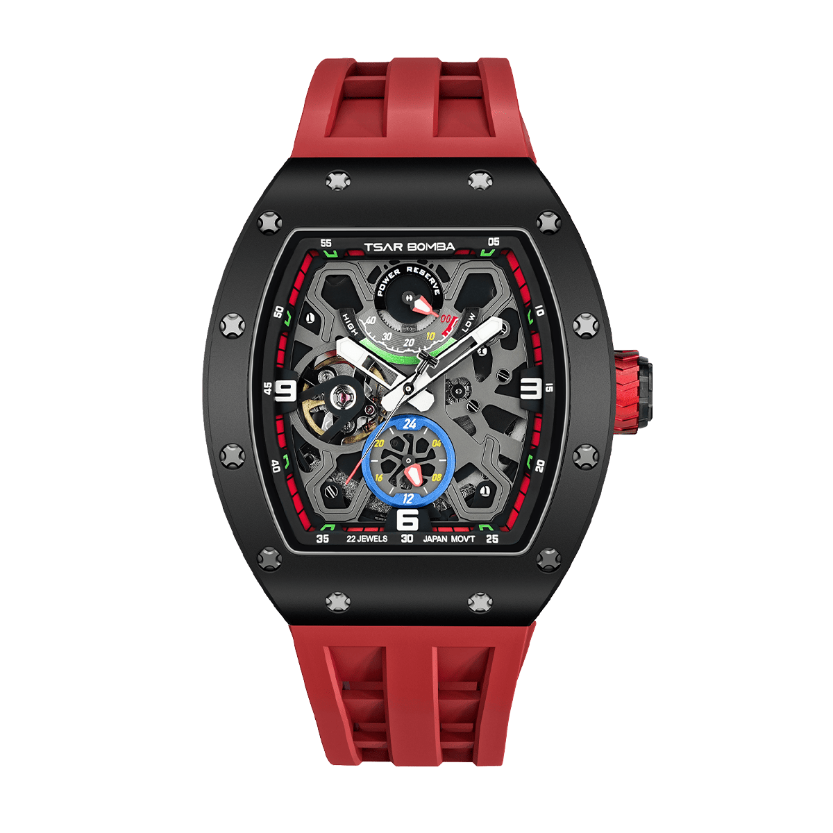 tsarbomba watches TB8212C black ceramic bezel and black cceramic case and red strap;miyota automatic movement--front view