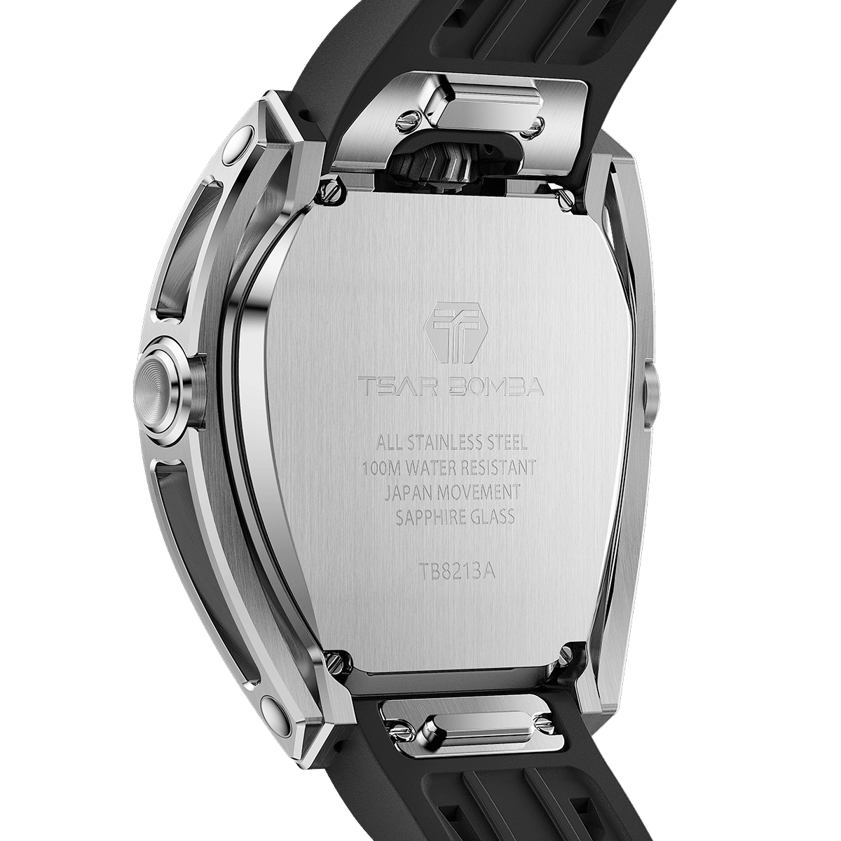 Rear view of the TSAR BOMBA Reactor TB8213 staless steel Automatic Interchangeable Men's Watch. Features a sliver stainless steel case and bezel, powered by a Japanese automatic movement. Top dial: minutes; central dial: seconds. Bottom main display: hour hand = pointer reading + central window reading. The TB8213 utilizes the TSAR BOMBA interchangeable module system, allowing for quick and tool-free changes of the strap, bezel, and crown.black strap
