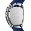 Rear view of the TSAR BOMBA Reactor TB8213 staless steel Automatic Interchangeable Men's Watch. Features a sliver stainless steel case and bezel, powered by a Japanese automatic movement. Top dial: minutes; central dial: seconds. Bottom main display: hour hand = pointer reading + central window reading. The TB8213 utilizes the TSAR BOMBA interchangeable module system, allowing for quick and tool-free changes of the strap, bezel, and crown.blue strap