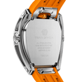 Rear view of the TSAR BOMBA Reactor TB8213 staless steel Automatic Interchangeable Men's Watch. Features a sliver stainless steel case and bezel, powered by a Japanese automatic movement. Top dial: minutes; central dial: seconds. Bottom main display: hour hand = pointer reading + central window reading. The TB8213 utilizes the TSAR BOMBA interchangeable module system, allowing for quick and tool-free changes of the strap, bezel, and crown.orange strap