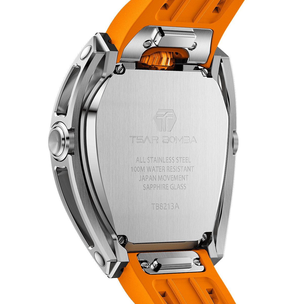 Rear view of the TSAR BOMBA Reactor TB8213 staless steel Automatic Interchangeable Men's Watch. Features a sliver stainless steel case and bezel, powered by a Japanese automatic movement. Top dial: minutes; central dial: seconds. Bottom main display: hour hand = pointer reading + central window reading. The TB8213 utilizes the TSAR BOMBA interchangeable module system, allowing for quick and tool-free changes of the strap, bezel, and crown.orange strap