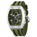 The TSAR BOMBA Elemental TB8224B ceramic tonneau quartz watch. Bio-cecramic white bezel and Olive Green strap.  The Multifunction dial design, the multifunction dial features a chronograph minute sub-dial at the 12 o'clock position, a date display between the 4 and 5 o'clock positions, a seconds sub-dial at the 6 o'clock position, and an hour chronograph sub-dial at the 9 o'clock position. --Left three-quarter-view