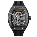 tsarbomba watches TB8228CF； carber fiber bezel and black case and silicone black strap.automatic movement and skeletonized dial and visible movement design--front view