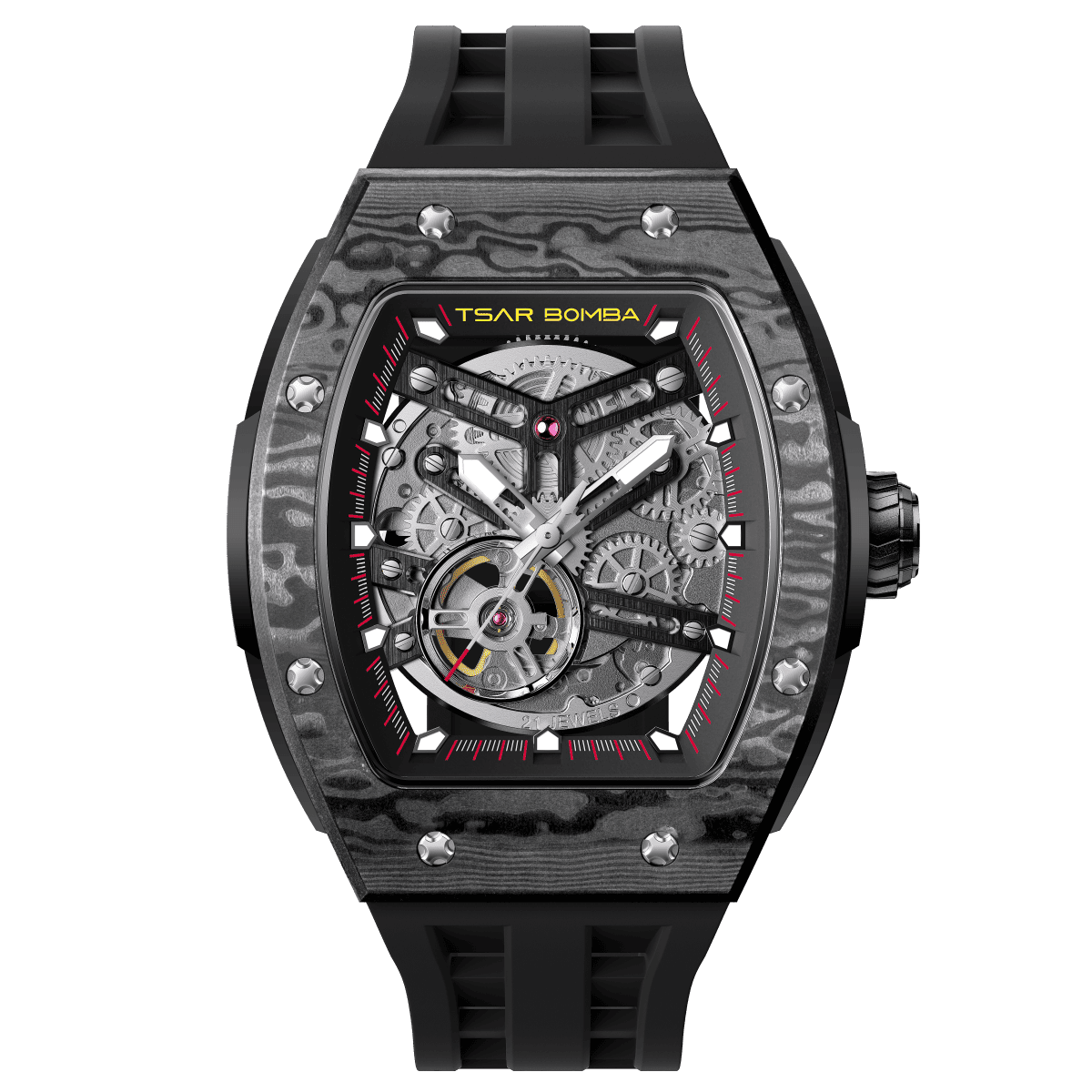 tsarbomba watches TB8228CF； carber fiber bezel and black case and silicone black strap.automatic movement and skeletonized dial and visible movement design--front view