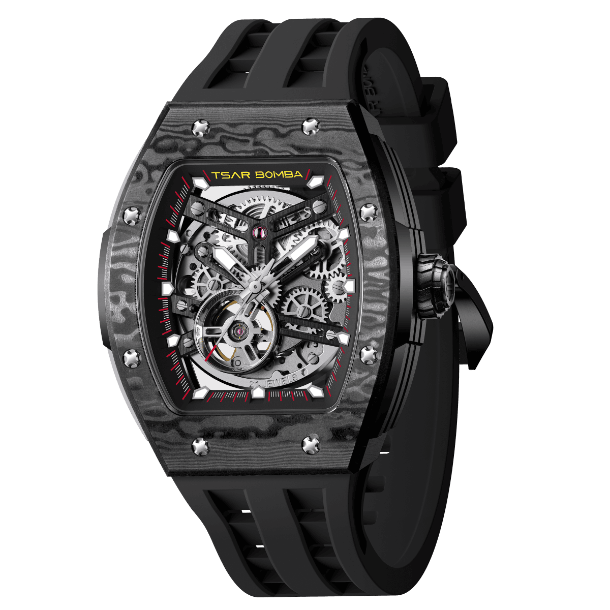 tsarbomba watches TB8228CF； carber fiber bezel  and black case and silicone black strap.automatic movement and skeletonized dial and visible movement design--45° side view