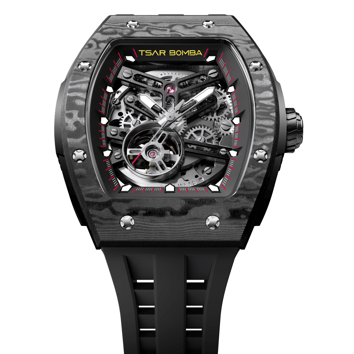 tsarbomba watches TB8228CF； carber fiber bezel and black case and silicone black strap.automatic movement and skeletonized dial and visible movement design--top view