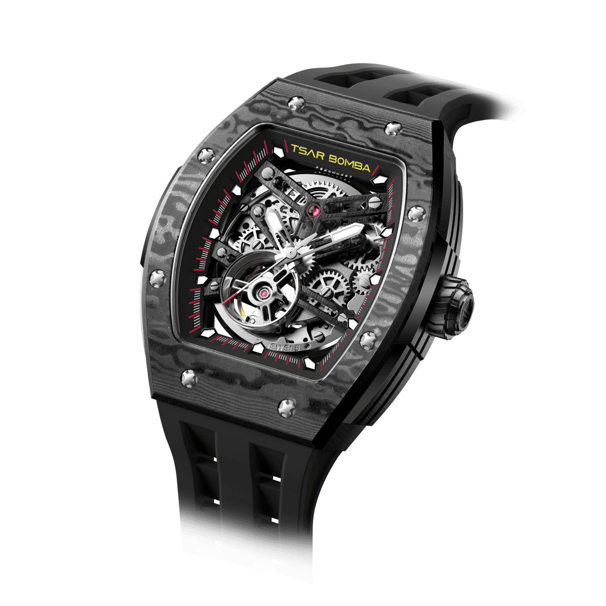 tsarbomba watches TB8228CF； carber fiber bezel and black case and silicone black strap.automatic movement and skeletonized dial and visible movement design--