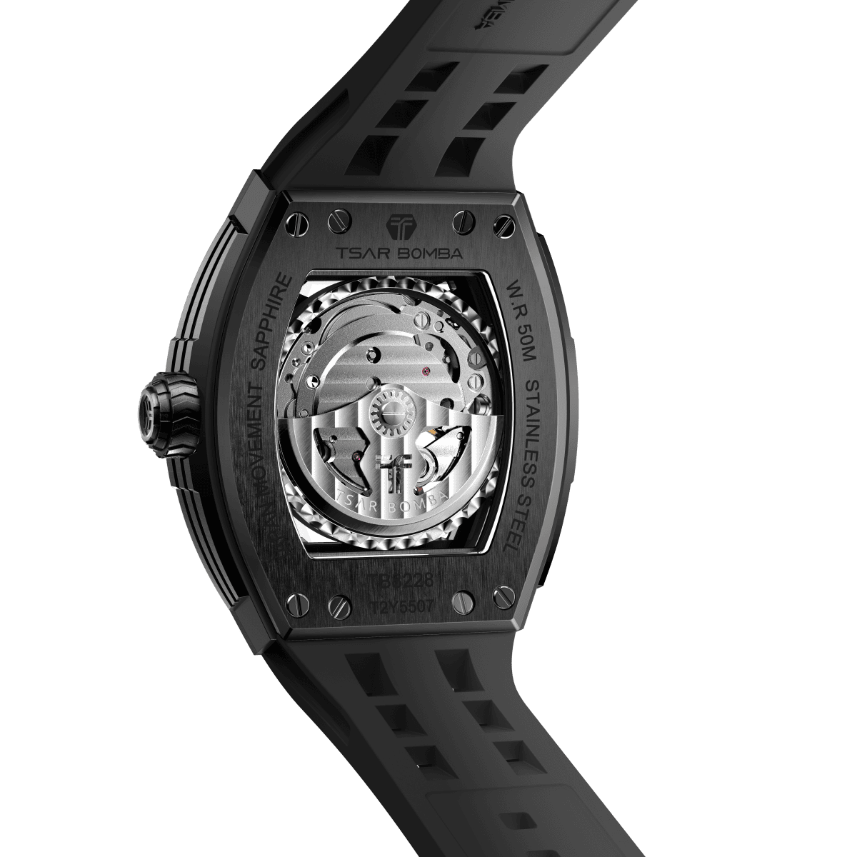 tsarbomba watches TB8228CF； carber fiber bezel  and black case and silicone black strap.automatic movement and skeletonized dial and visible movement design--back view