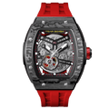 tsarbomba watches TB8228CF； carber fiber bezel and black case and silicone red strap.automatic movement and skeletonized dial and visible movement design--front view