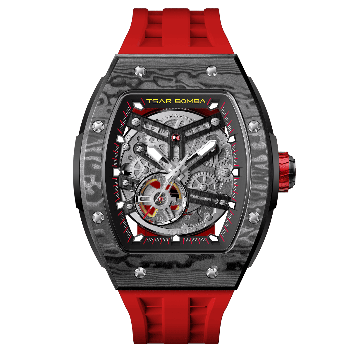 tsarbomba watches TB8228CF； carber fiber bezel and black case and silicone red strap.automatic movement and skeletonized dial and visible movement design--front view