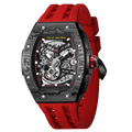 tsarbomba watches TB8228CF； carber fiber bezel and black case and silicone red strap.automatic movement and skeletonized dial and visible movement design--45° side view