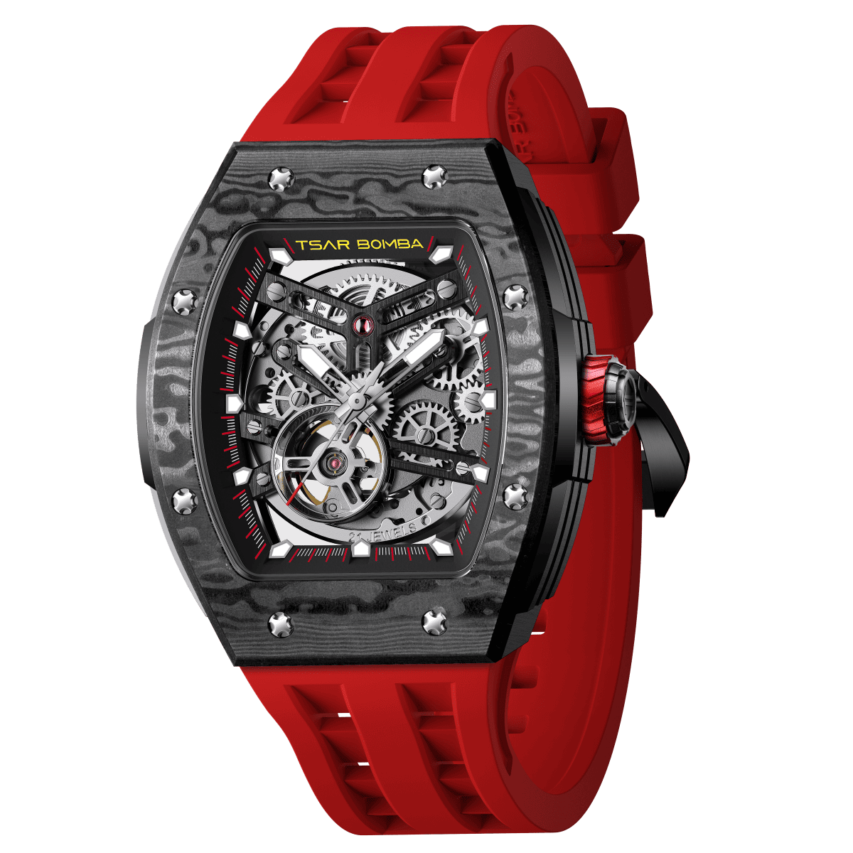 tsarbomba watches TB8228CF； carber fiber bezel and black case and silicone red strap.automatic movement and skeletonized dial and visible movement design--45° side view