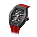 tsarbomba watches TB8228CF； carber fiber bezel and black case and silicone red strap.automatic movement and skeletonized dial and visible movement design--