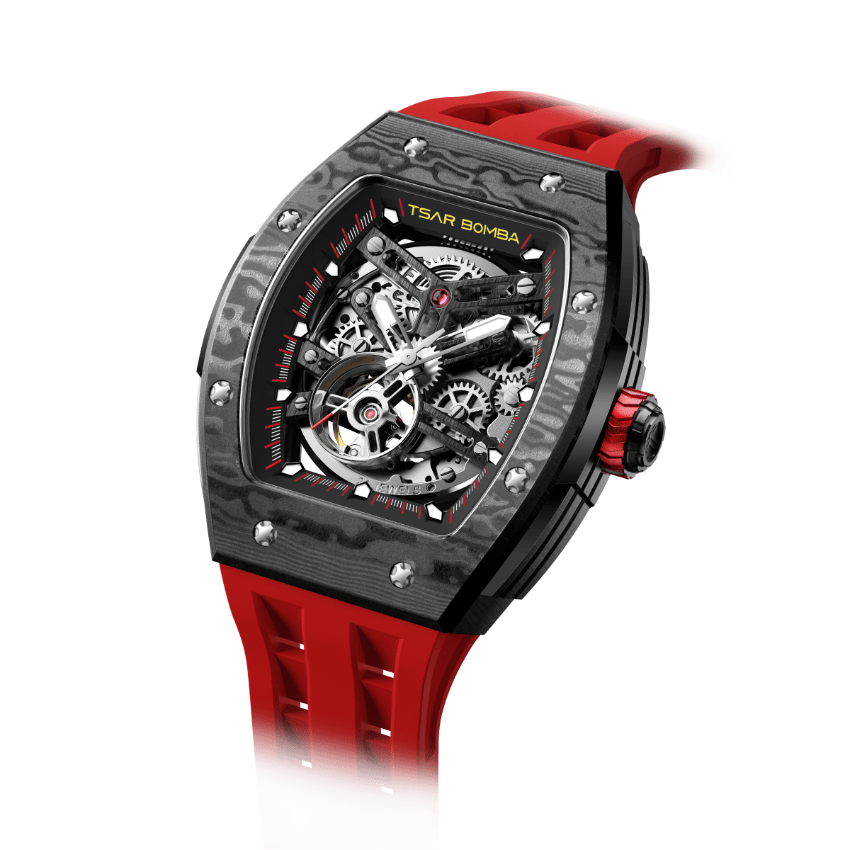 tsarbomba watches TB8228CF； carber fiber bezel and black case and silicone red strap.automatic movement and skeletonized dial and visible movement design--