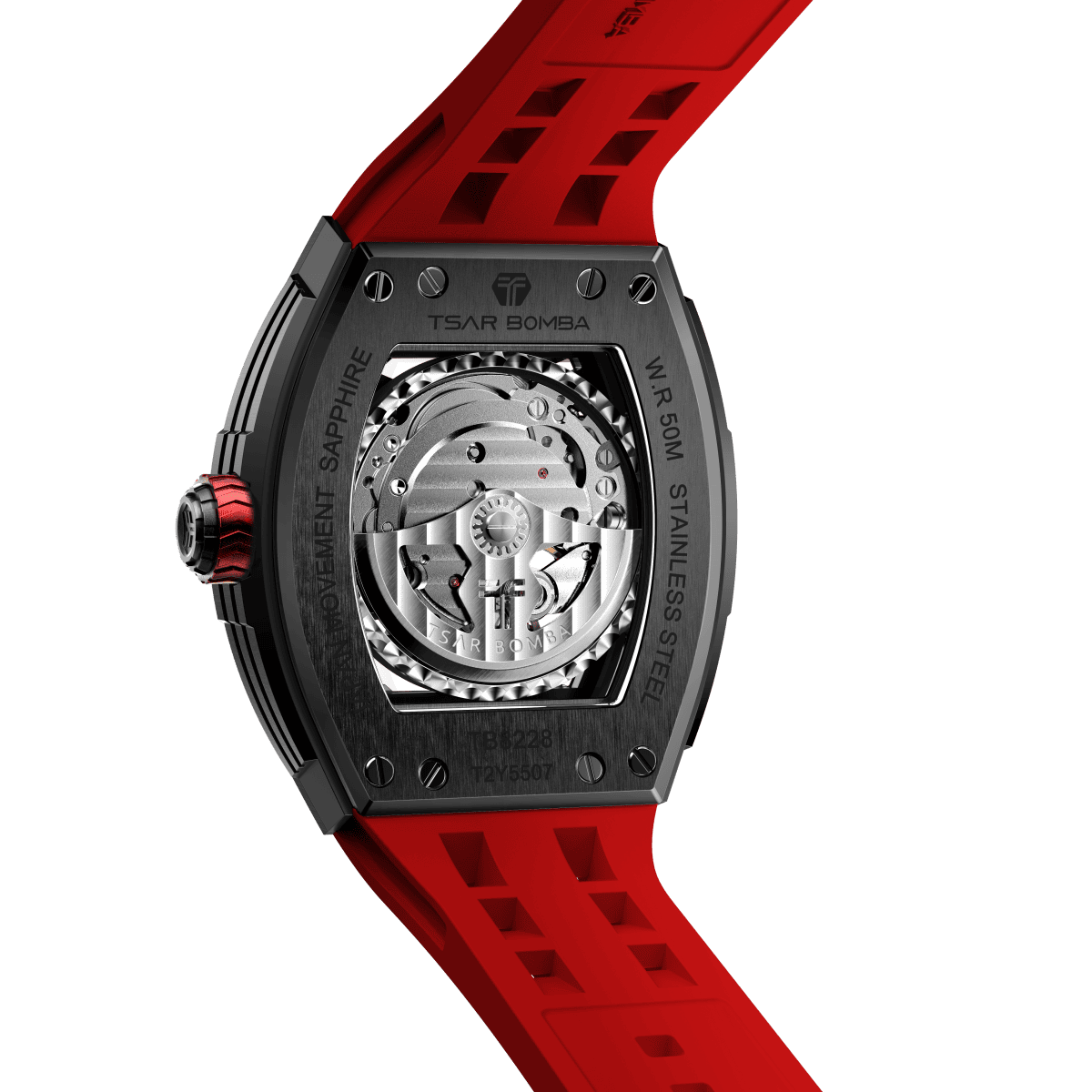 tsarbomba watches TB8228CF； carber fiber bezel and black case and silicone red strap.automatic movement and skeletonized dial and visible movement design--back view