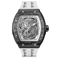 tsarbomba watches TB8228CF； carber fiber bezel and black case and silicone white strap.automatic movement and skeletonized dial and visible movement design--front view