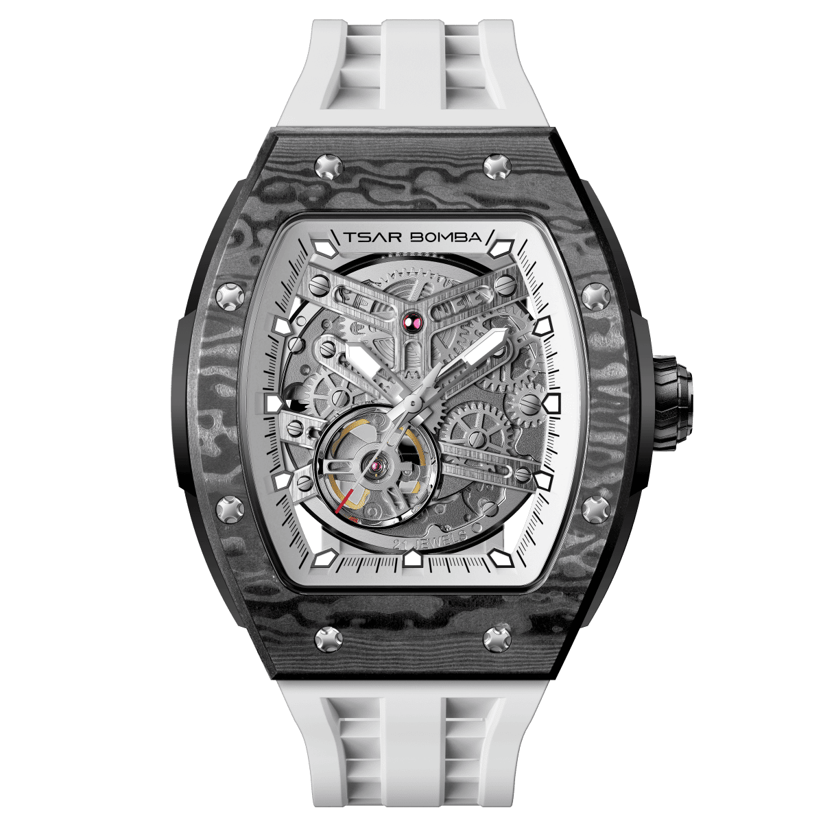 tsarbomba watches TB8228CF； carber fiber bezel and black case and silicone white strap.automatic movement and skeletonized dial and visible movement design--front view