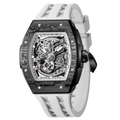 tsarbomba watches TB8228CF； carber fiber bezel and black case and silicone white strap.automatic movement and skeletonized dial and visible movement design--45° side view