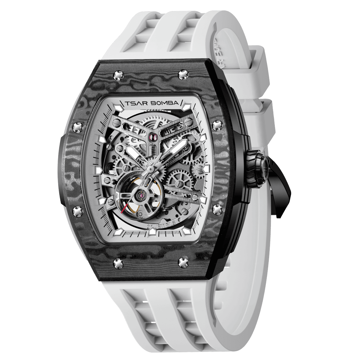 tsarbomba watches TB8228CF； carber fiber bezel and black case and silicone white strap.automatic movement and skeletonized dial and visible movement design--45° side view