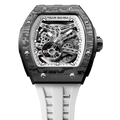 tsarbomba watches TB8228CF； carber fiber bezel and black case and silicone white strap.automatic movement and skeletonized dial and visible movement design--top view