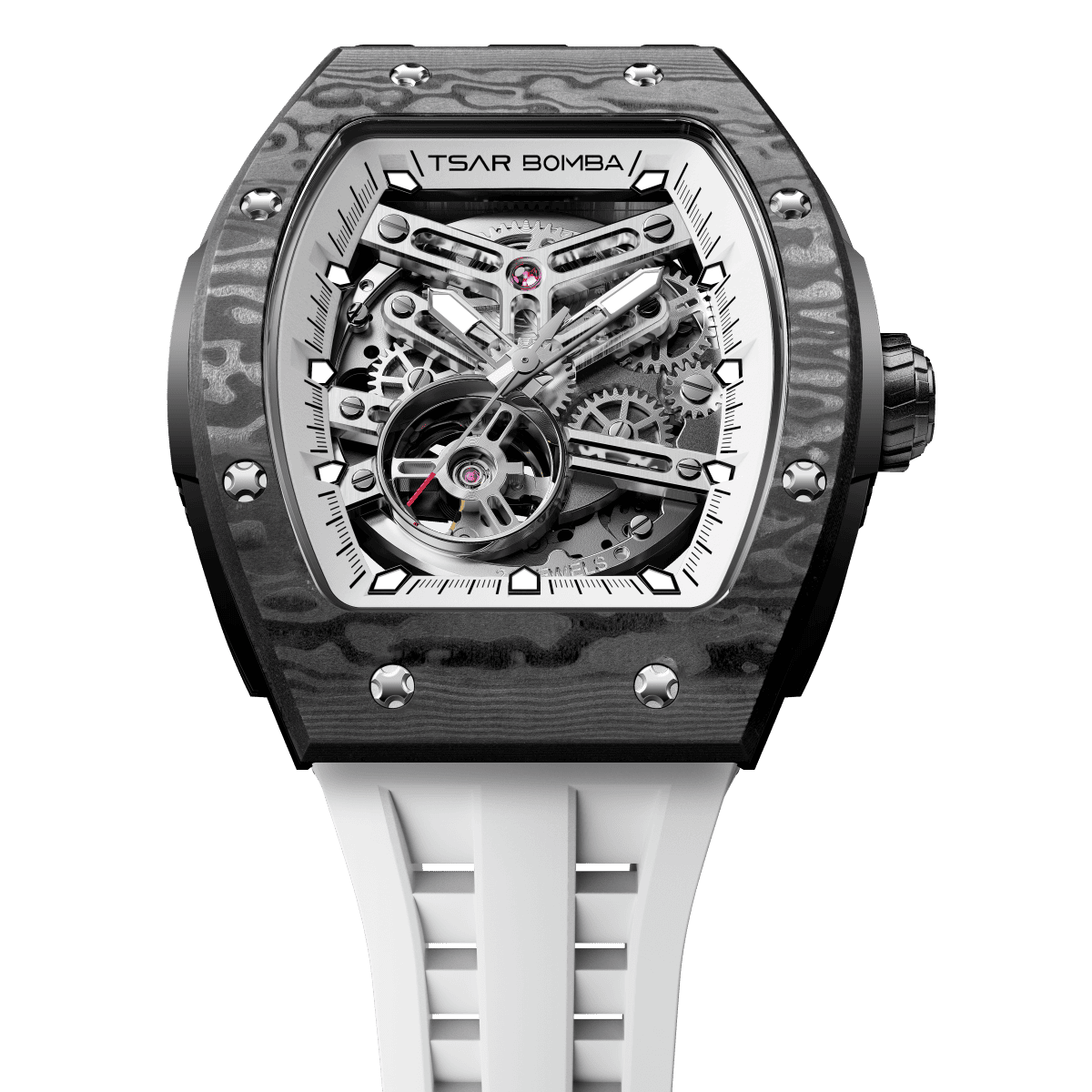 tsarbomba watches TB8228CF； carber fiber bezel and black case and silicone white strap.automatic movement and skeletonized dial and visible movement design--top view