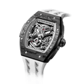tsarbomba watches TB8228CF； carber fiber bezel and black case and silicone white strap.automatic movement and skeletonized dial and visible movement design--