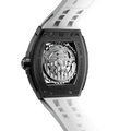 tsarbomba watches TB8228CF； carber fiber bezel and black case and silicone white strap.automatic movement and skeletonized dial and visible movement design--back view