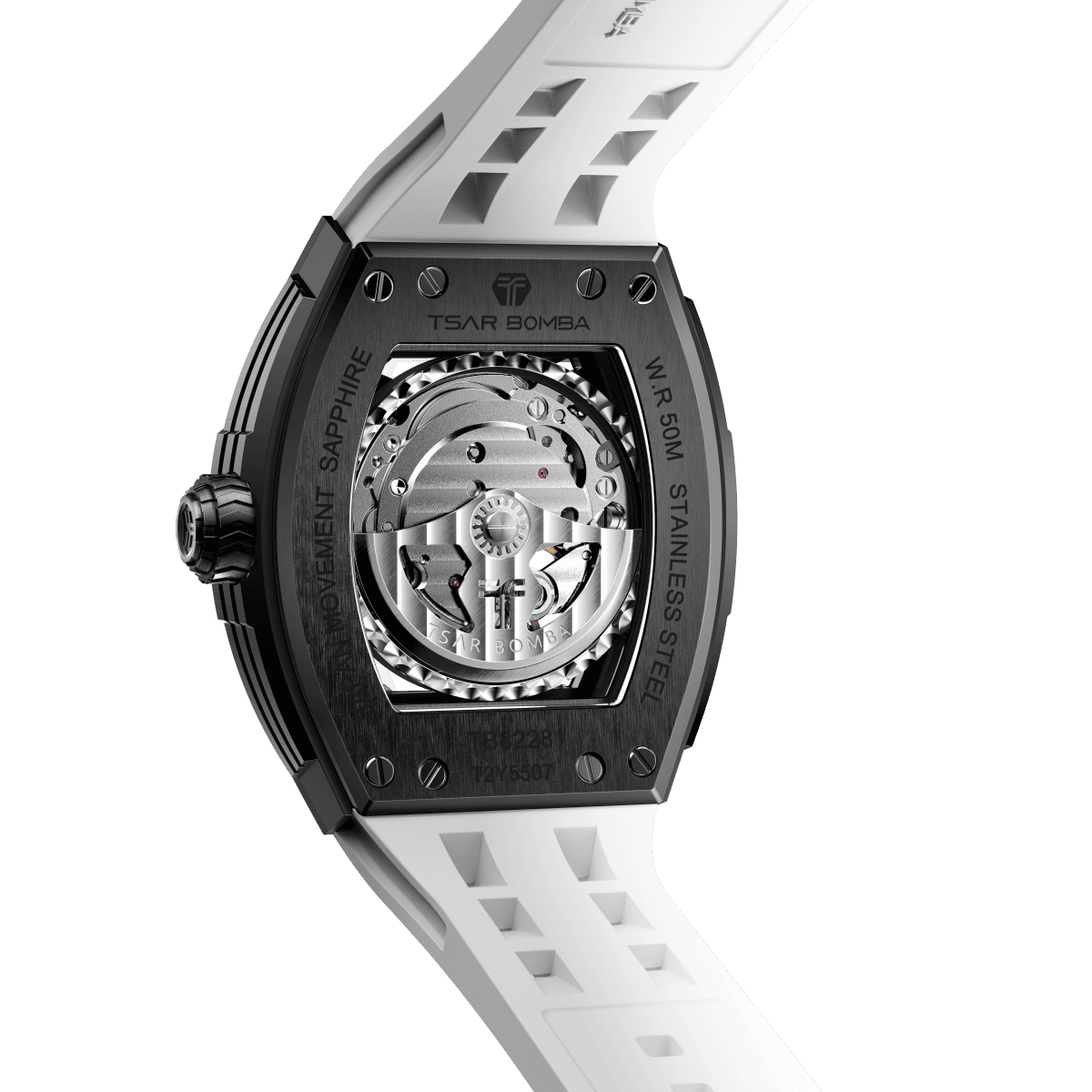tsarbomba watches TB8228CF； carber fiber bezel and black case and silicone white strap.automatic movement and skeletonized dial and visible movement design--back view