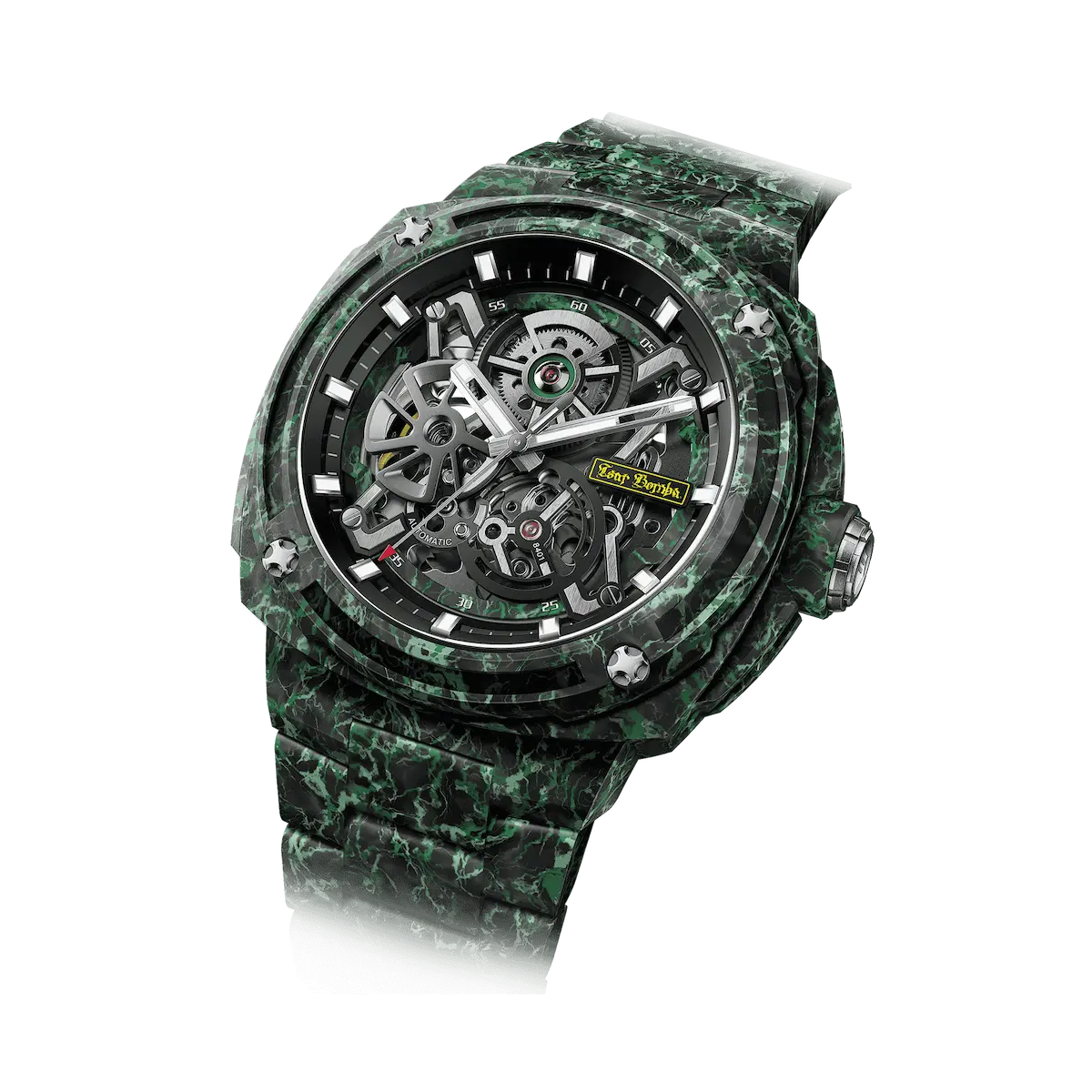 TSAR BOMBA Electron TB8401CF Men’s Watch. Crafted entirely from carbon fiber—including the strap—it weighs just 100 grams. The skeleton dial design offers a direct view of the movement, allowing you to appreciate the charm of precision mechanics in action. Powered by a Citizen MIYOTA movement. The Electron-TB8401CF features Grade A luminescent coating, scratch-resistant sapphire crystal, and an interchangeable fluororubber strap. Water-resistant to 100 meters (10 ATM).Left three-quarter view