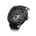 Powered by a Seiko Epson movement, A power reserve indicator is positioned at 12 o'clock; the stable movement delivers a power reserve of 50 hours (±10%). A 24-hour display dial is located at 6 o'clock, while a visible tourbillon is featured at 9 o'clock. The Dark Matter 2 features Grade A luminescent coating, scratch-resistant sapphire crystal, and a interchangeable fluororubber strap. Water-resistant to 100 meters (10 ATM).-carbon fiber bezel and titanium case -black-Left three-quarter view