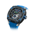 Powered by a Seiko Epson movement, A power reserve indicator is positioned at 12 o'clock; the stable movement delivers a power reserve of 50 hours (±10%). A 24-hour display dial is located at 6 o'clock, while a visible tourbillon is featured at 9 o'clock. The Dark Matter 2 features Grade A luminescent coating, scratch-resistant sapphire crystal, and a interchangeable fluororubber strap. Water-resistant to 100 meters (10 ATM).--Left three-quarter view