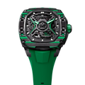 TSATBOMBA TB8605 Featuring a stainless steel case and carbon fiber bezel, it is powered by a Citizen MIYOTA automatic movement, with the dial combining a 24-hour display and power reserve indicator. The Dark Matter 5 features Grade A luminescent coating, scratch-resistant sapphire crystal, and a interchangeable fluororubber strap. Water-resistant to 50 meters (50 ATM).-carbon-fiber-bezel-green-