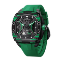 TSATBOMBA TB8605 Featuring a stainless steel case and carbon fiber bezel, it is powered by a Citizen MIYOTA automatic movement, with the dial combining a 24-hour display and power reserve indicator. The Dark Matter 5 features Grade A luminescent coating, scratch-resistant sapphire crystal, and a interchangeable fluororubber strap. Water-resistant to 50 meters (50 ATM).-carbon-fiber-bezel-green-