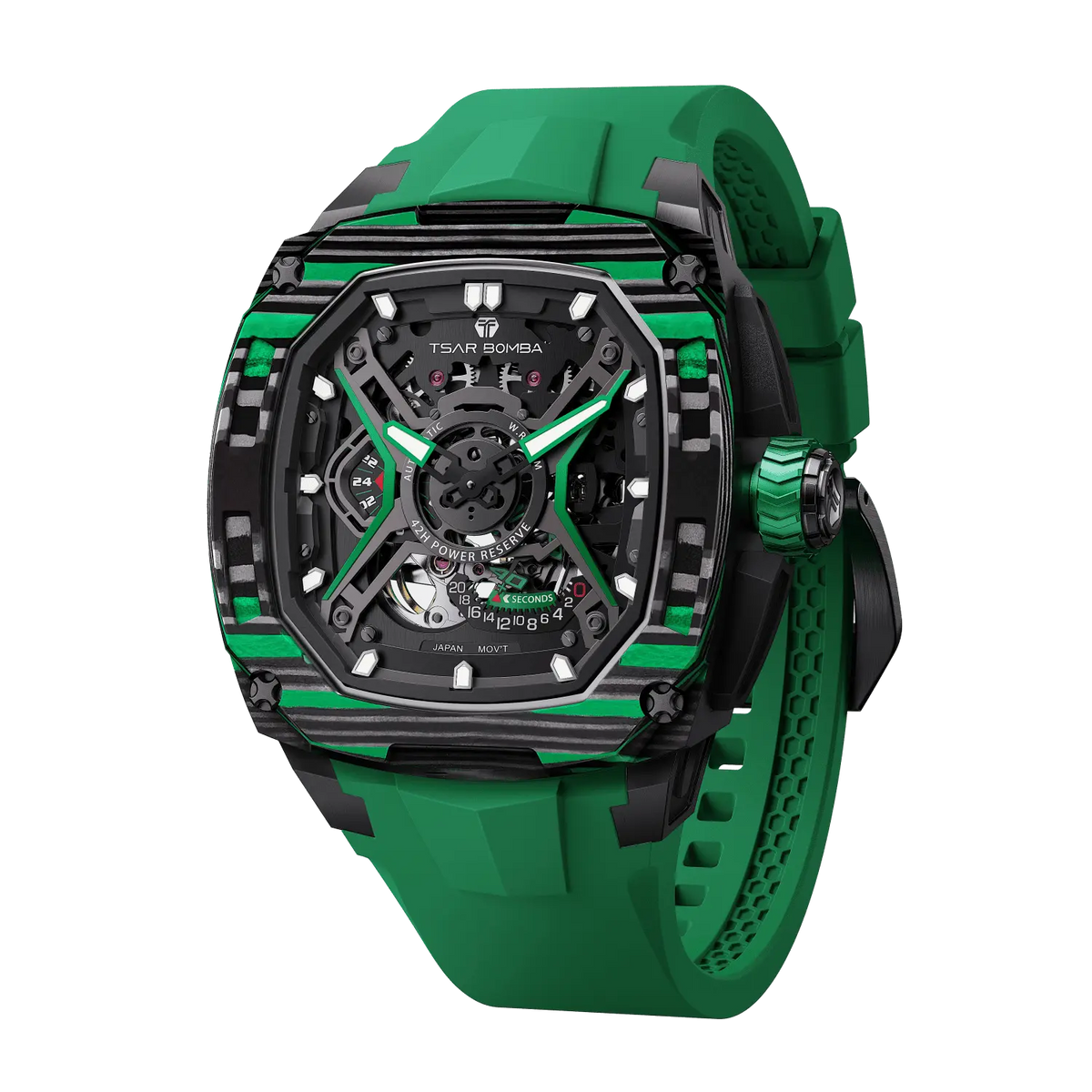 TSATBOMBA TB8605 Featuring a stainless steel case and carbon fiber bezel, it is powered by a Citizen MIYOTA automatic movement, with the dial combining a 24-hour display and power reserve indicator. The Dark Matter 5 features Grade A luminescent coating, scratch-resistant sapphire crystal, and a interchangeable fluororubber strap. Water-resistant to 50 meters (50 ATM).-carbon-fiber-bezel-green-
