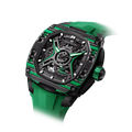 TSATBOMBA TB8605 Featuring a stainless steel case and carbon fiber bezel, it is powered by a Citizen MIYOTA automatic movement, with the dial combining a 24-hour display and power reserve indicator. The Dark Matter 5 features Grade A luminescent coating, scratch-resistant sapphire crystal, and a interchangeable fluororubber strap. Water-resistant to 50 meters (50 ATM).-carbon-fiber-bezel-green-Left three-quarter view