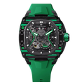 TSATBOMBA TB8605 Featuring a stainless steel case and carbon fiber bezel, it is powered by a Citizen MIYOTA automatic movement, with the dial combining a 24-hour display and power reserve indicator. The Dark Matter 5 features Grade A luminescent coating, scratch-resistant sapphire crystal, and a interchangeable fluororubber strap. Water-resistant to 50 meters (50 ATM).-carbon-fiber-bezel-green-