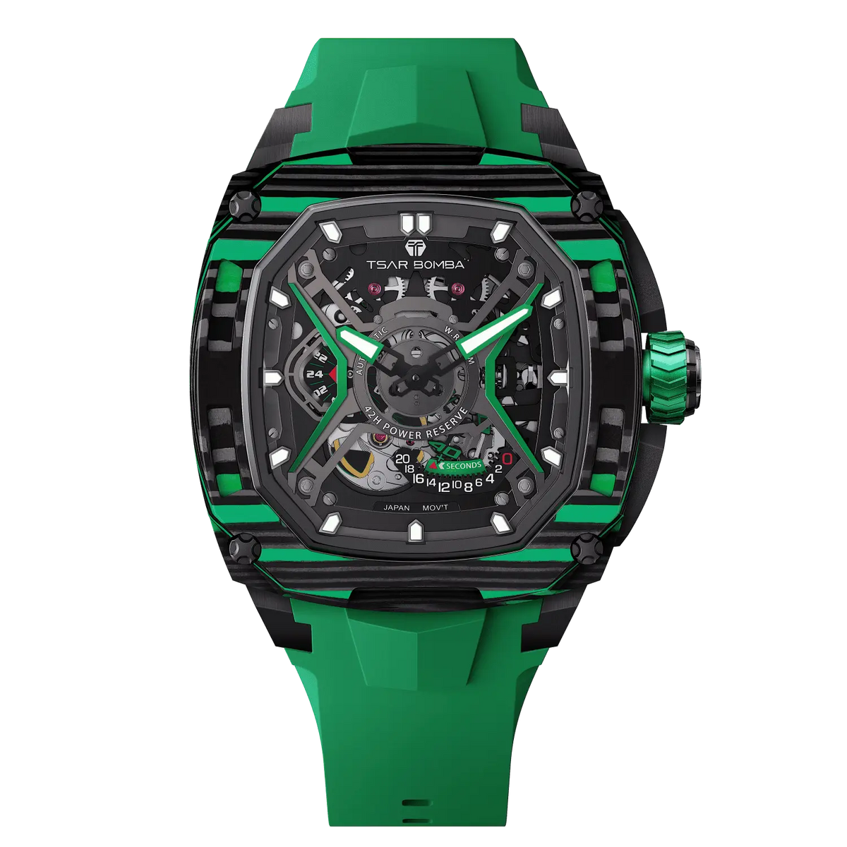 TSATBOMBA TB8605 Featuring a stainless steel case and carbon fiber bezel, it is powered by a Citizen MIYOTA automatic movement, with the dial combining a 24-hour display and power reserve indicator. The Dark Matter 5 features Grade A luminescent coating, scratch-resistant sapphire crystal, and a interchangeable fluororubber strap. Water-resistant to 50 meters (50 ATM).-carbon-fiber-bezel-green-