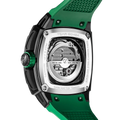 TSATBOMBA TB8605 Featuring a stainless steel case and carbon fiber bezel, it is powered by a Citizen MIYOTA automatic movement, with the dial combining a 24-hour display and power reserve indicator. The Dark Matter 5 features Grade A luminescent coating, scratch-resistant sapphire crystal, and a interchangeable fluororubber strap. Water-resistant to 50 meters (50 ATM).-carbon-fiber-bezel-green-REAR VIEW