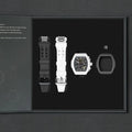 The image shows the TSAR BOMBA Atomic TB8214 interchangeable set. The set includes a black and white fluororubber strap, a black and white fluororubber bezel, and a white and black crown. TSAR BOMBA's patented interchangeable module allows for quick and easy replacement of watch modules without tools, enabling interchangeable straps, crowns, and bezels. Instead of buying multiple watches, why not own one watch that can be styled in various ways?