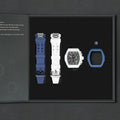 The image shows the TSAR BOMBA Atomic TB8214 interchangeable set. The set includes a  blue and white fluororubber strap, a carbon fiber white bezel and  blue fluororubber bezel, and a white and  blue crown. TSAR BOMBA's patented interchangeable module allows for quick and easy replacement of watch modules without tools, enabling interchangeable straps, crowns, and bezels. Instead of buying multiple watches, why not own one watch that can be styled in various ways?