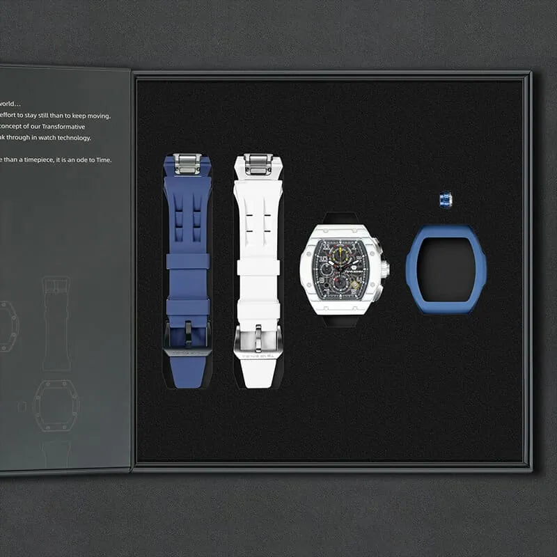 The image shows the TSAR BOMBA Atomic TB8214 interchangeable set. The set includes a  blue and white fluororubber strap, a carbon fiber white bezel and  blue fluororubber bezel, and a white and  blue crown. TSAR BOMBA's patented interchangeable module allows for quick and easy replacement of watch modules without tools, enabling interchangeable straps, crowns, and bezels. Instead of buying multiple watches, why not own one watch that can be styled in various ways?