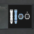 The image shows the TSAR BOMBA Atomic TB8214 interchangeable set. The set includes a sky blue and white fluororubber strap, a sky blue and white fluororubber bezel, and a white and black crown. TSAR BOMBA's patented interchangeable module allows for quick and easy replacement of watch modules without tools, enabling interchangeable straps, crowns, and bezels. Instead of buying multiple watches, why not own one watch that can be styled in various ways?