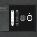 The image shows the TSAR BOMBA Atomic TB8214 interchangeable set. The set includes a sky black and white fluororubber strap, a carbon fiber black bezel and white fluororubber bezel, and a white and black crown. TSAR BOMBA's patented interchangeable module allows for quick and easy replacement of watch modules without tools, enabling interchangeable straps, crowns, and bezels. Instead of buying multiple watches, why not own one watch that can be styled in various ways?
