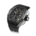 The TSAR BOMBA Atomic TB8214 interchangebale tonneau quartz watch. stainless-steel-black-bezel-and-black-interchangeable strap.  The Multifunction dial design, the multifunction dial features a chronograph minute sub-dial at the 12 o'clock position, a date display between the 4 and 5 o'clock positions, a seconds sub-dial at the 6 o'clock position, and an hour chronograph sub-dial at the 9 o'clock position. --Left three-quarter-angled-view