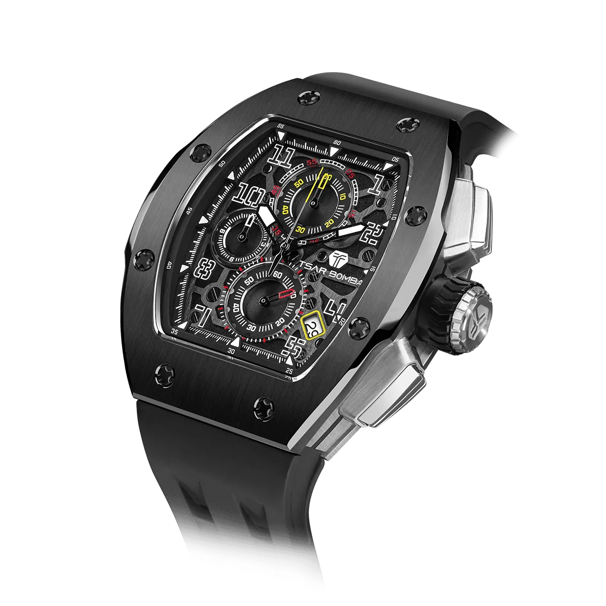 The TSAR BOMBA Atomic TB8214 interchangebale tonneau quartz watch. stainless-steel-black-bezel-and-black-interchangeable strap.  The Multifunction dial design, the multifunction dial features a chronograph minute sub-dial at the 12 o'clock position, a date display between the 4 and 5 o'clock positions, a seconds sub-dial at the 6 o'clock position, and an hour chronograph sub-dial at the 9 o'clock position. --Left three-quarter-angled-view