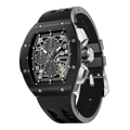 The TSAR BOMBA Atomic TB8214 interchangebale tonneau quartz watch. stainless-steel-black-bezel-and-black-interchangeable strap.  The Multifunction dial design, the multifunction dial features a chronograph minute sub-dial at the 12 o'clock position, a date display between the 4 and 5 o'clock positions, a seconds sub-dial at the 6 o'clock position, and an hour chronograph sub-dial at the 9 o'clock position. --Left three-quarter-view
