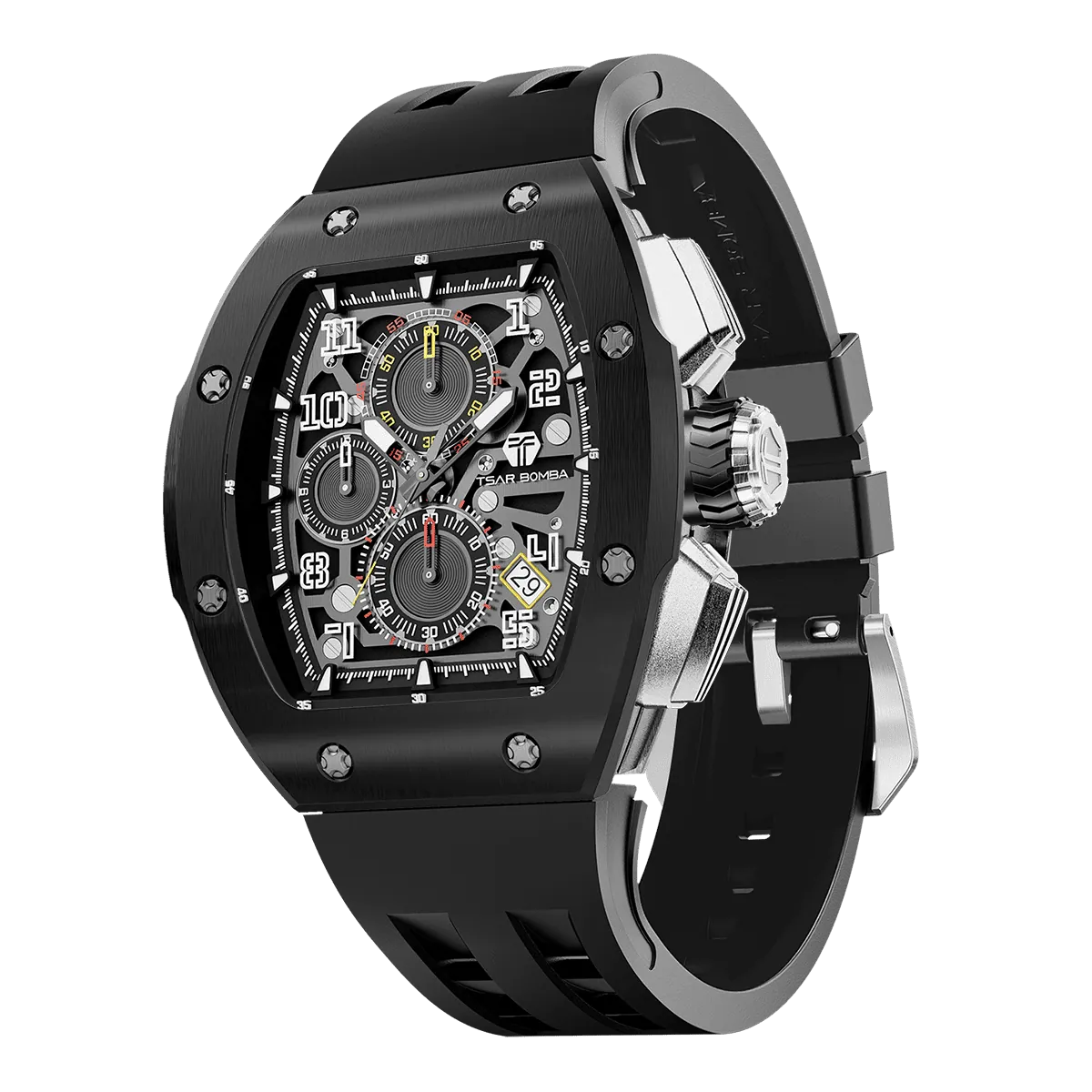 The TSAR BOMBA Atomic TB8214 interchangebale tonneau quartz watch. stainless-steel-black-bezel-and-black-interchangeable strap.  The Multifunction dial design, the multifunction dial features a chronograph minute sub-dial at the 12 o'clock position, a date display between the 4 and 5 o'clock positions, a seconds sub-dial at the 6 o'clock position, and an hour chronograph sub-dial at the 9 o'clock position. --Left three-quarter-view
